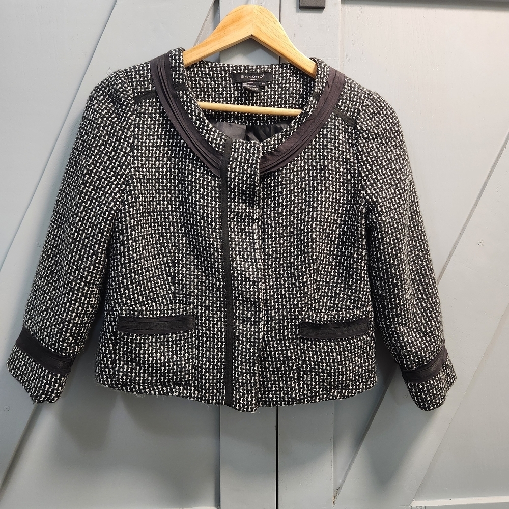 Sandro Petite Tweed Blazer Jacket Black White Snap Front Lined Pockets Sz PS